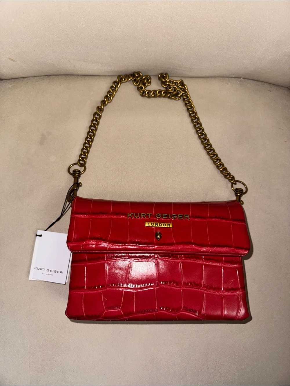 Kurt Geiger Red Croc-Embossed Chain Shoulder Bag with Gold Hardware